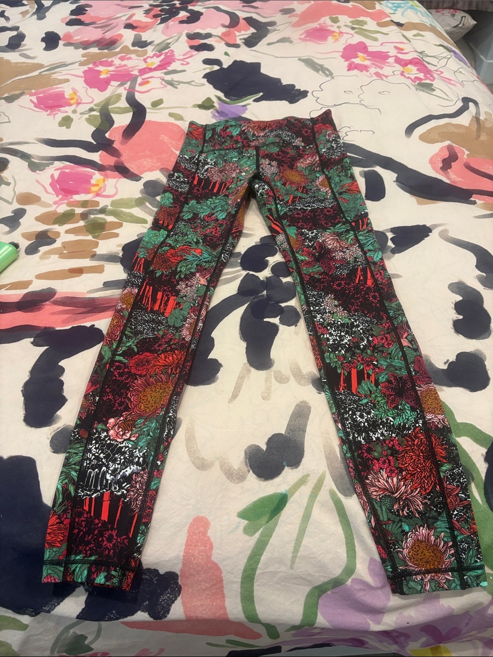 lululemon athletica Black Floral Print Leggings with Green & Red Accents
